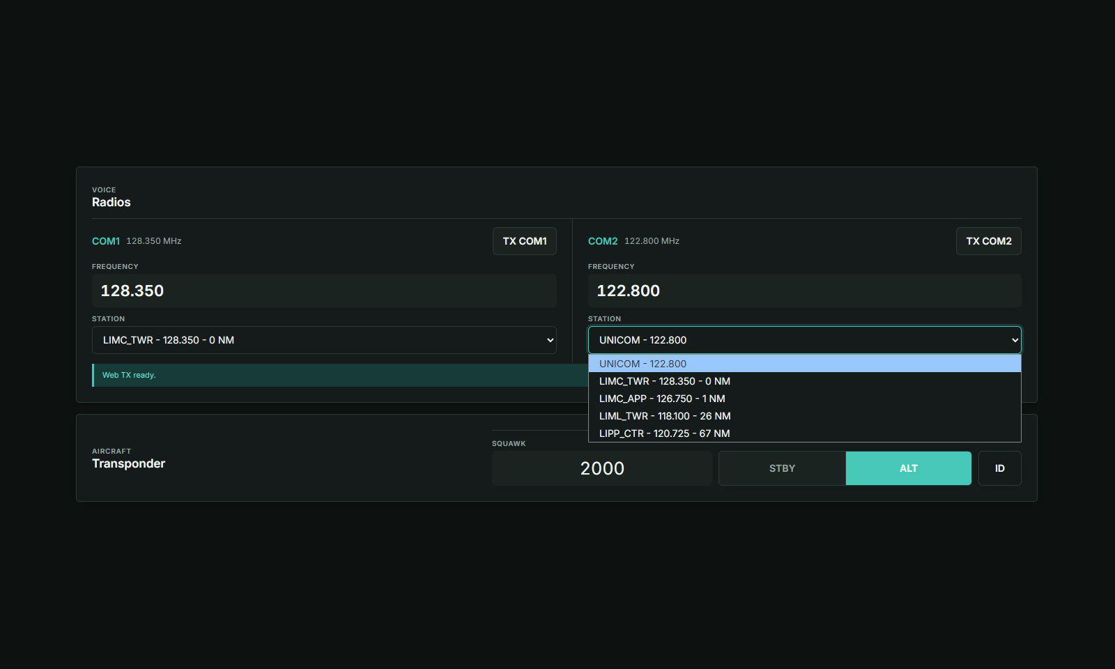 VoxHF radio and transponder controls with a nearby station menu