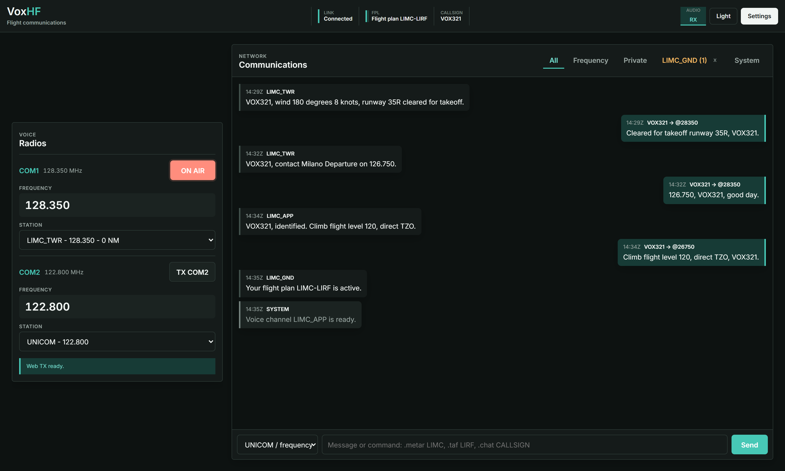VoxHF browser voice transmission controls during a live frequency exchange